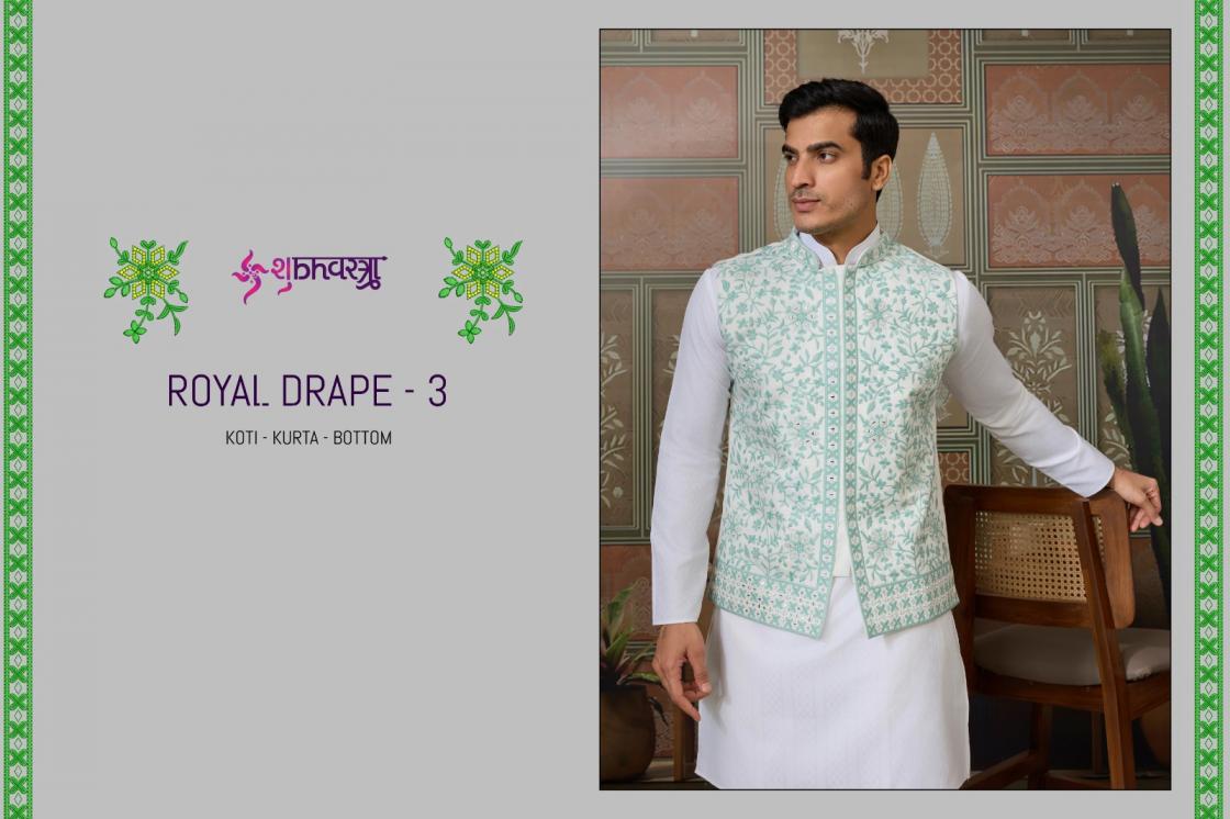 SHUBHVASTRA ROYAL DRAPE VOL 3 FULL STITCH SILK KOTI STYLE 3PCS MENS KURTA SET 