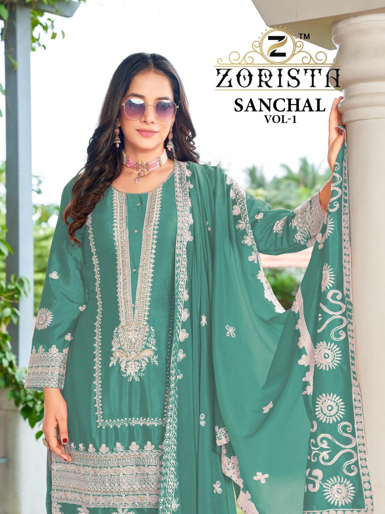 ZORISTA SANCHAL BY SAJIDA DESIGNER FULL STITCH UNIQUE CHINON SILK PAKISTANI SUITS