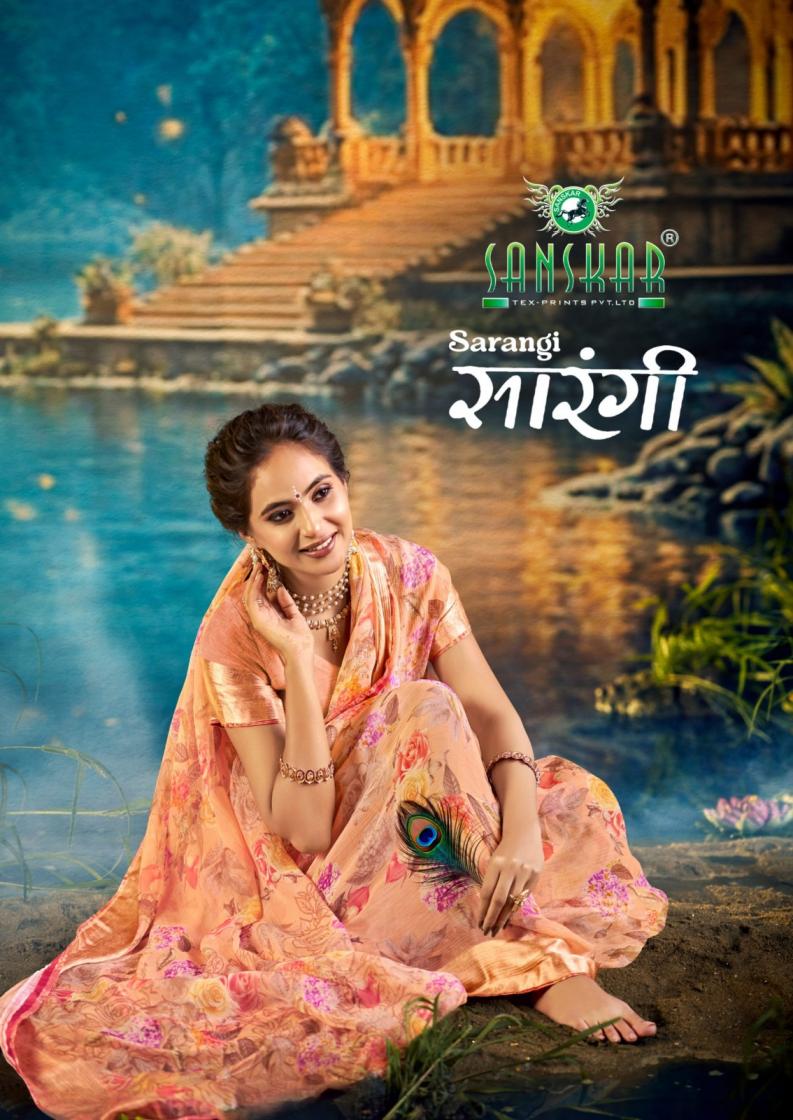 SARANGI BY SANSKAR TEX PRINT MALAI CHIFFON STYLISH SAREE