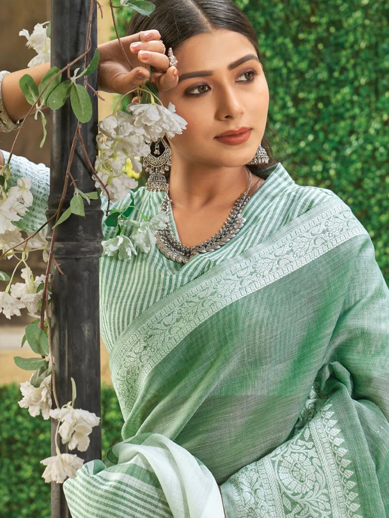 ASTITA VAIBHAV FANCY DESIGNER LINEN FABRIC SAREE WITH LAKHNAVI BORDOR WHOLSALE SAREE WITH LATKAN