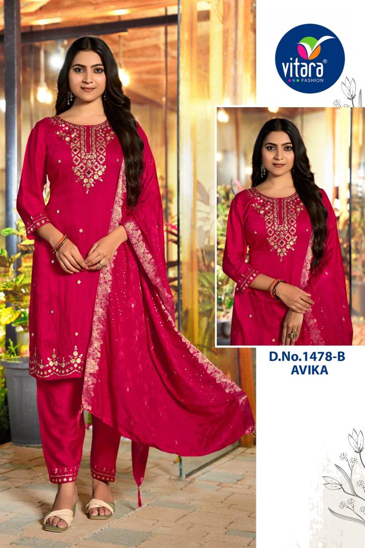AVIKA BY VITARA FASHION STYLISH FULL STITCH COMBO VETICAN SILK SUITS 