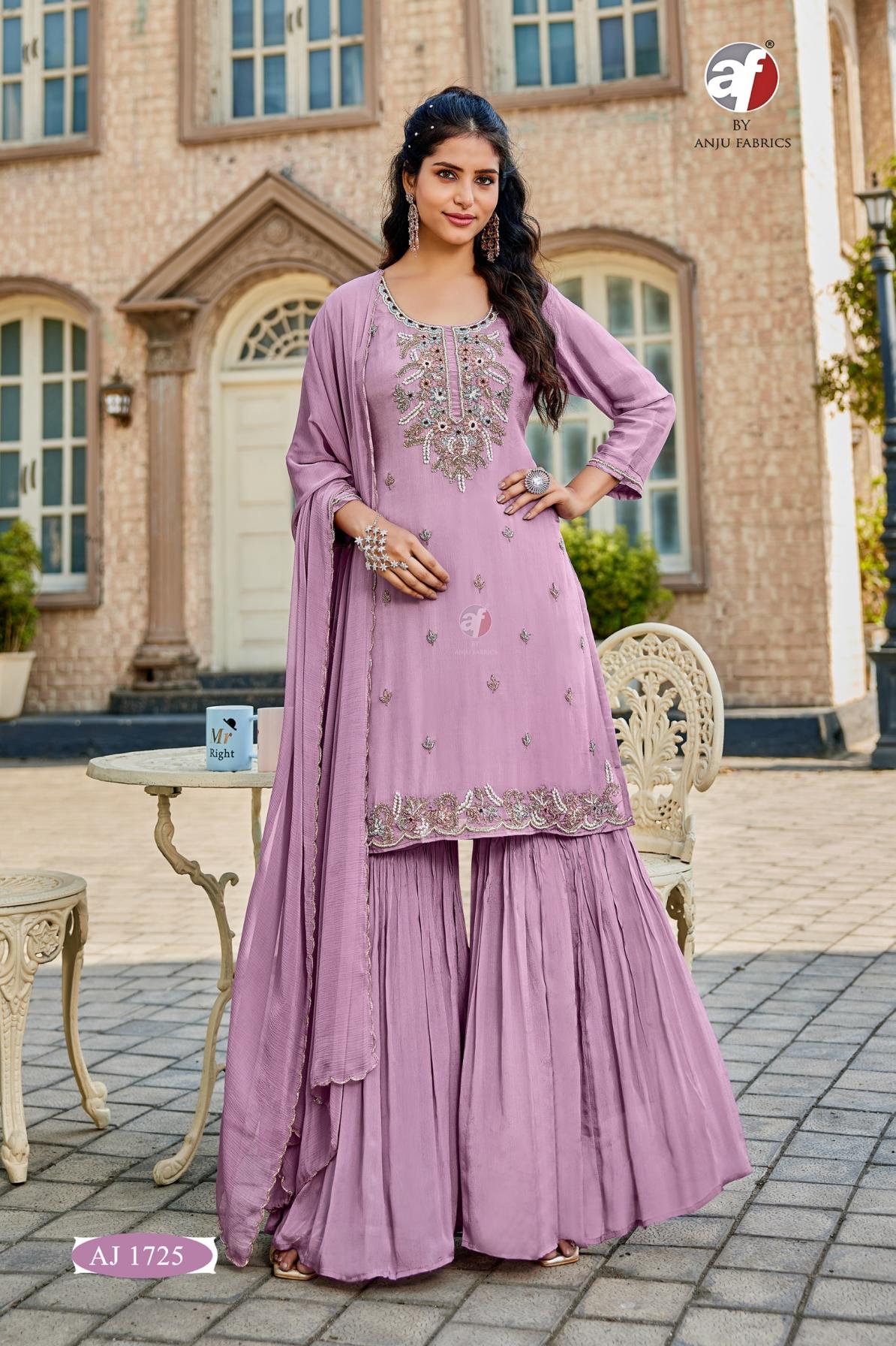 AJ 1725 BY ANJU FAB CHINON CHIFFON FULL STITCH COMBO SHORT KURTI SHARARA WITH DUPATTA 