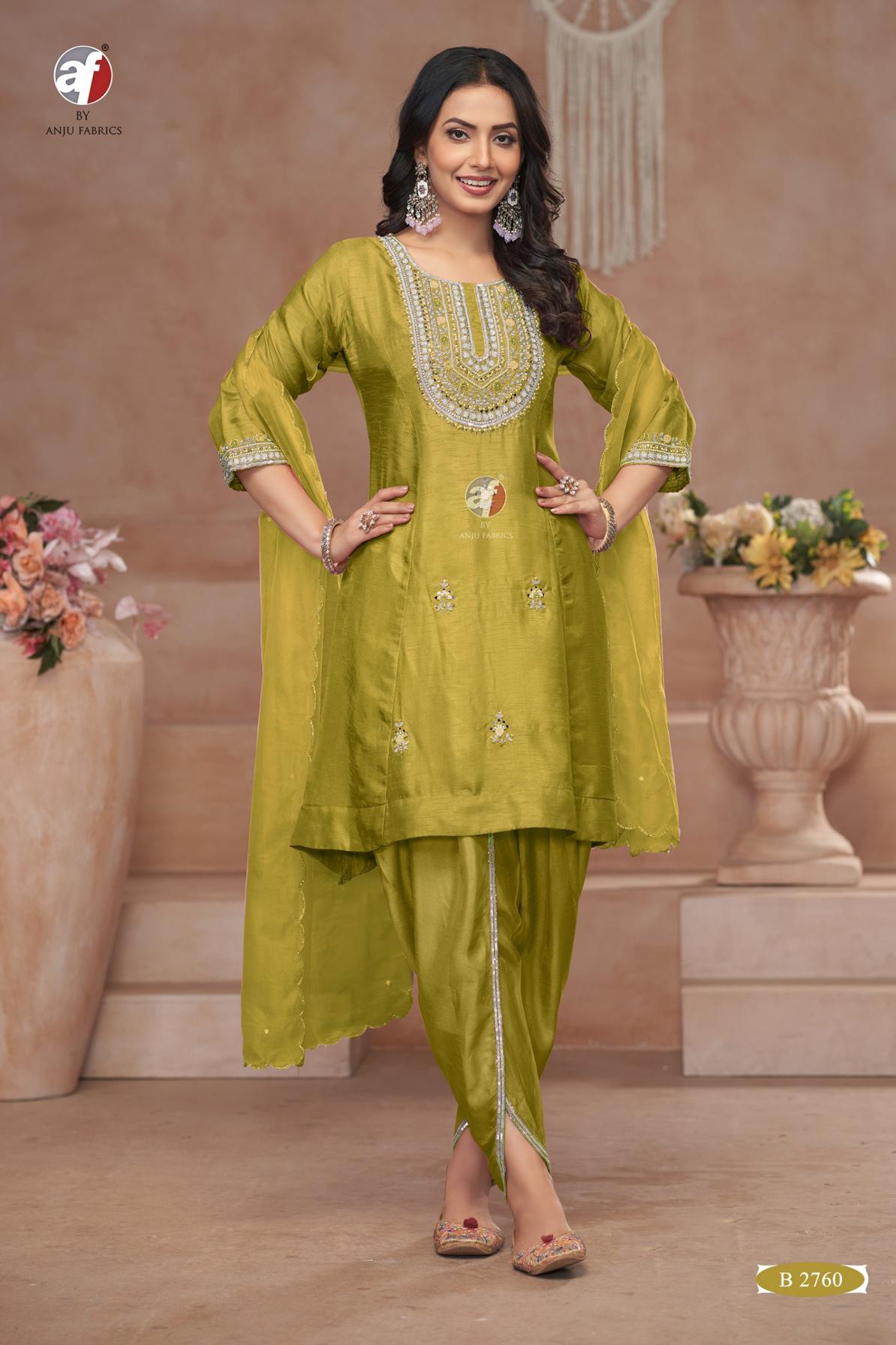 B 2760-2761 BY ANJU FAB DOLA SILK READYMADE COMBO SHORT ANARKALI TULIP PANT WITH DUPATTA