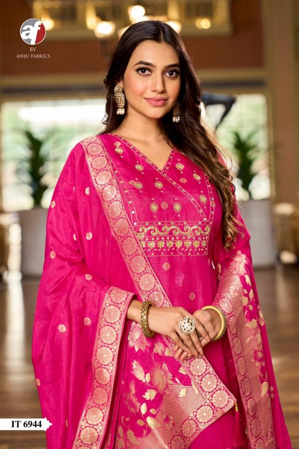IT 6944 BY ANJU FAB READYMADE DOLA SILK WITH JACQUARD COMBO SUITS 