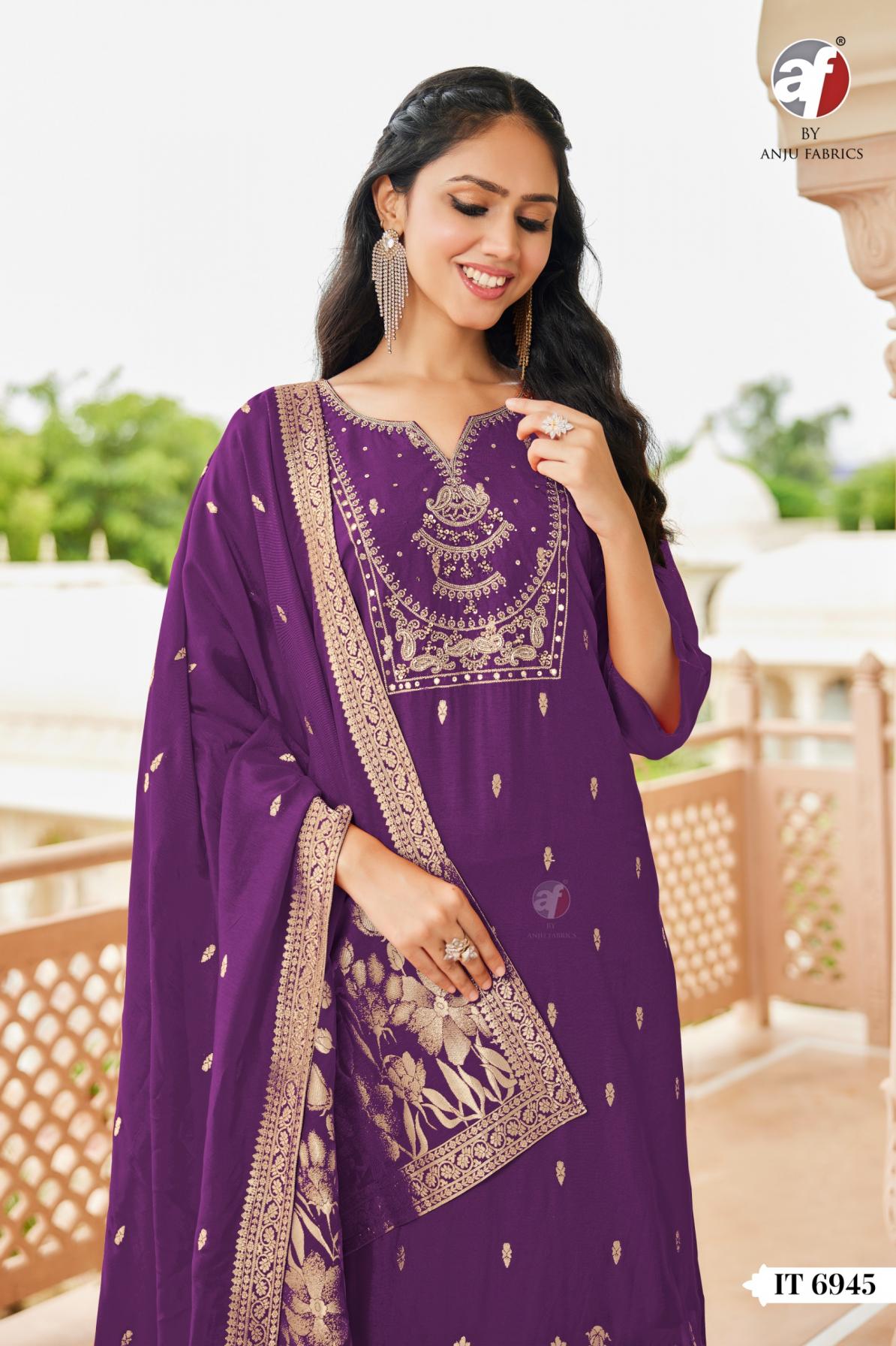 IT 6945-6946 BY ANJU FAB FULL STITCH PRETTY DOLA SILK COMBO SUITS 