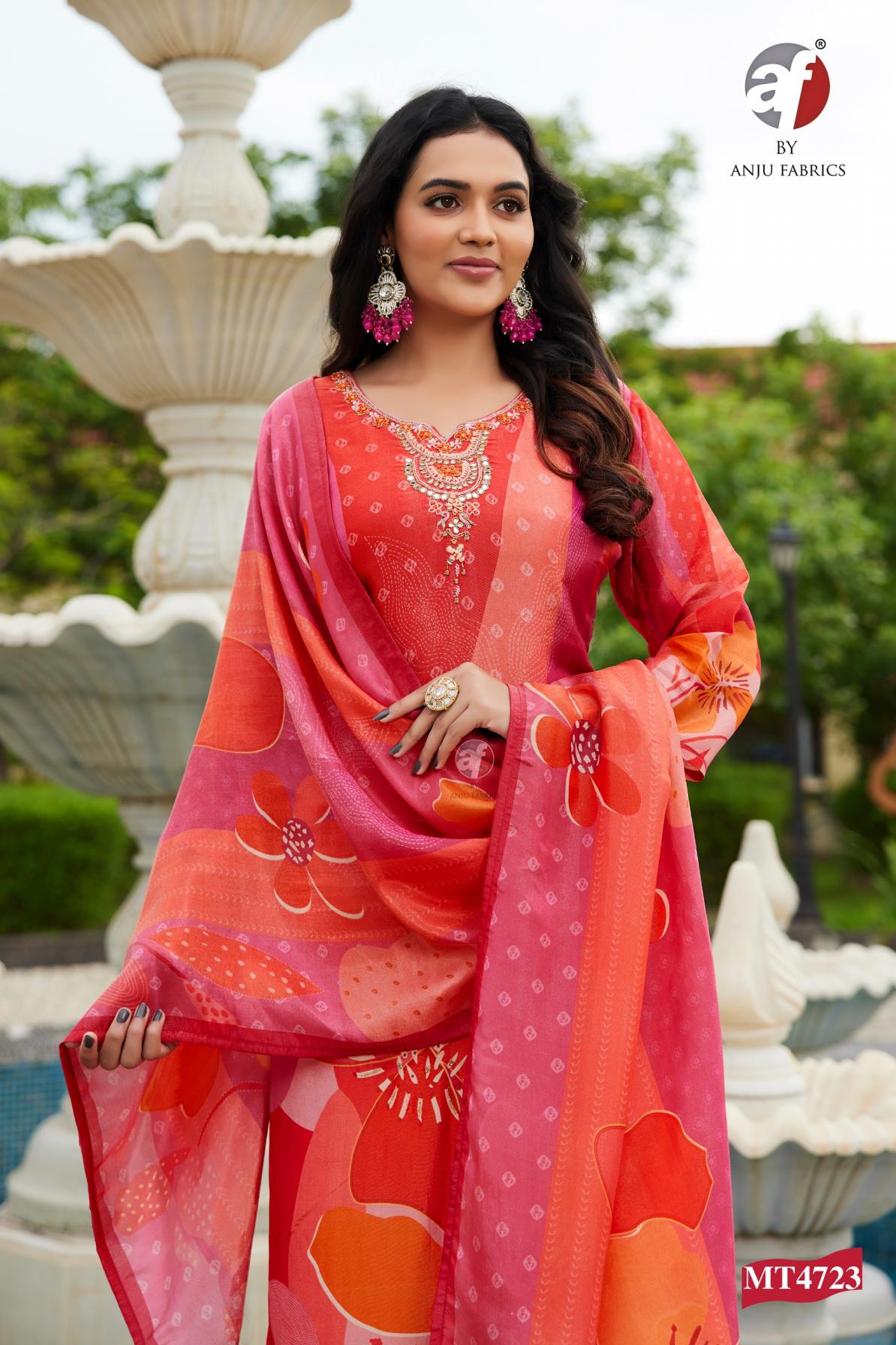 MT 4723 BY ANJU FAB FULL STITCH STYLISH TISSUE SHIMMER COMBO DRESS