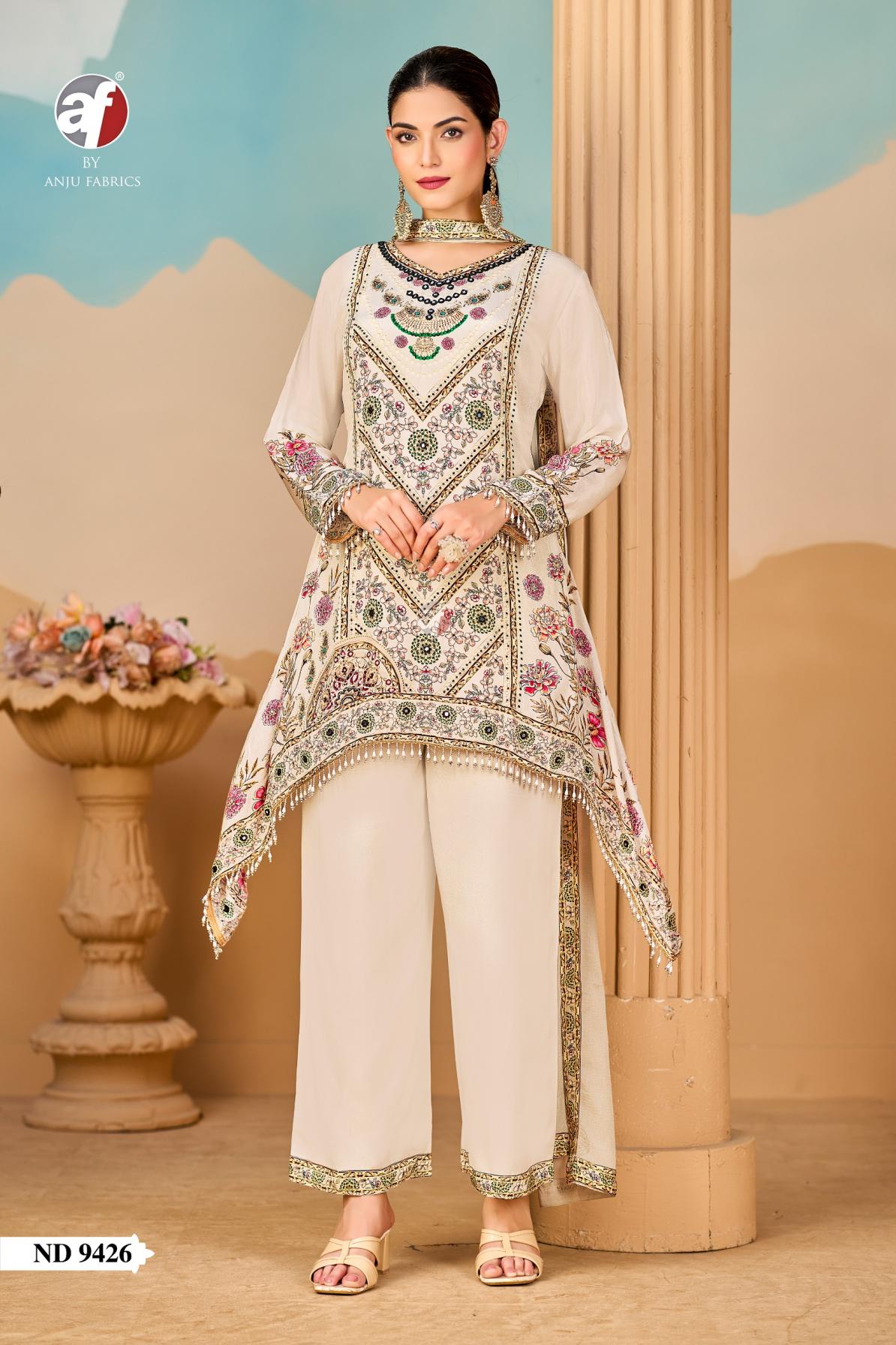ND 9426 BY ANJU FAB FULL STITCH NATURAL CREPE COMBO TALE CUT SUITS 