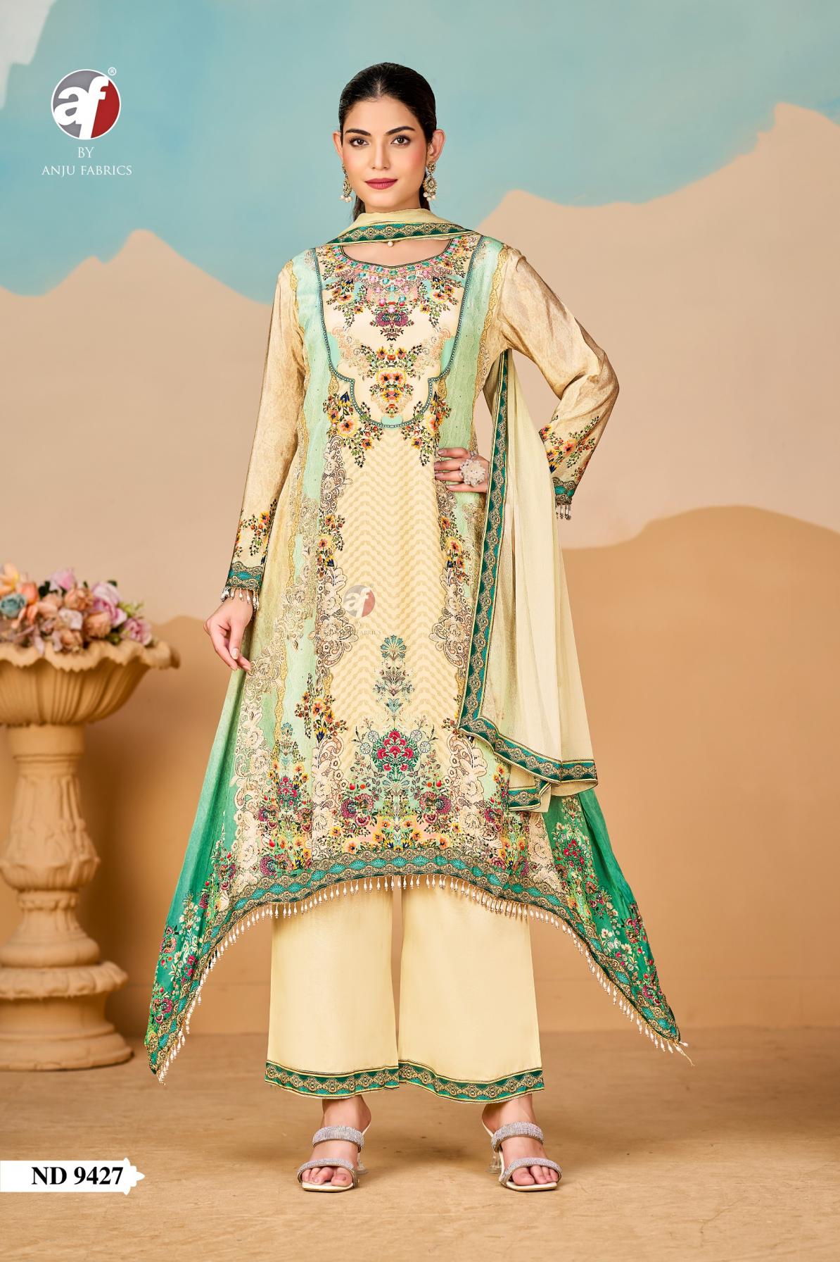 ANJU FAB ND 9427 NATURAL CREPE COMBO READYMADE TALE CUT KURTI PANT WITH DUPATTA