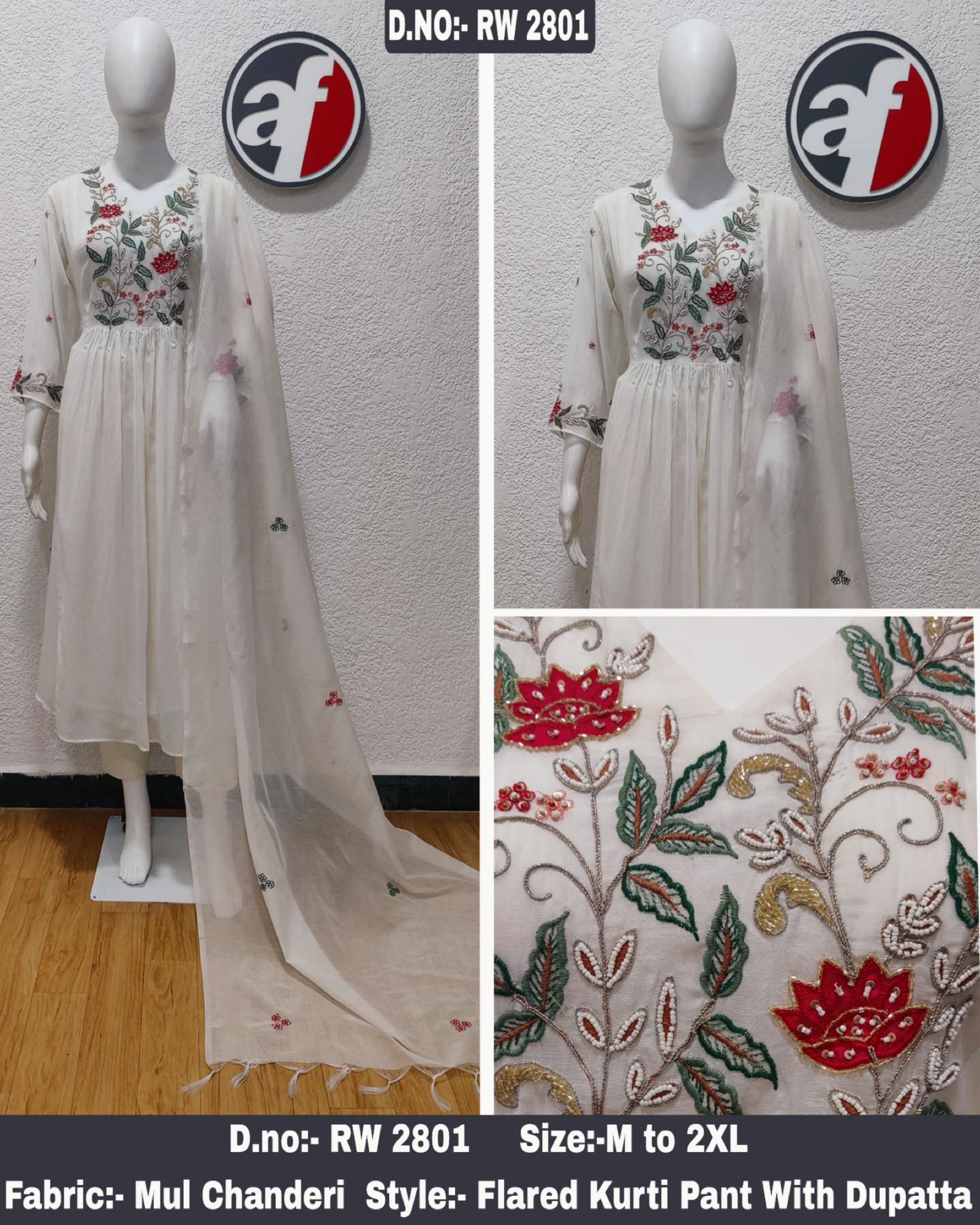 RW 2801 BY ANJU FAB MUL CHANDERI FULL STITCH COMBO SET 3PCS DRESS