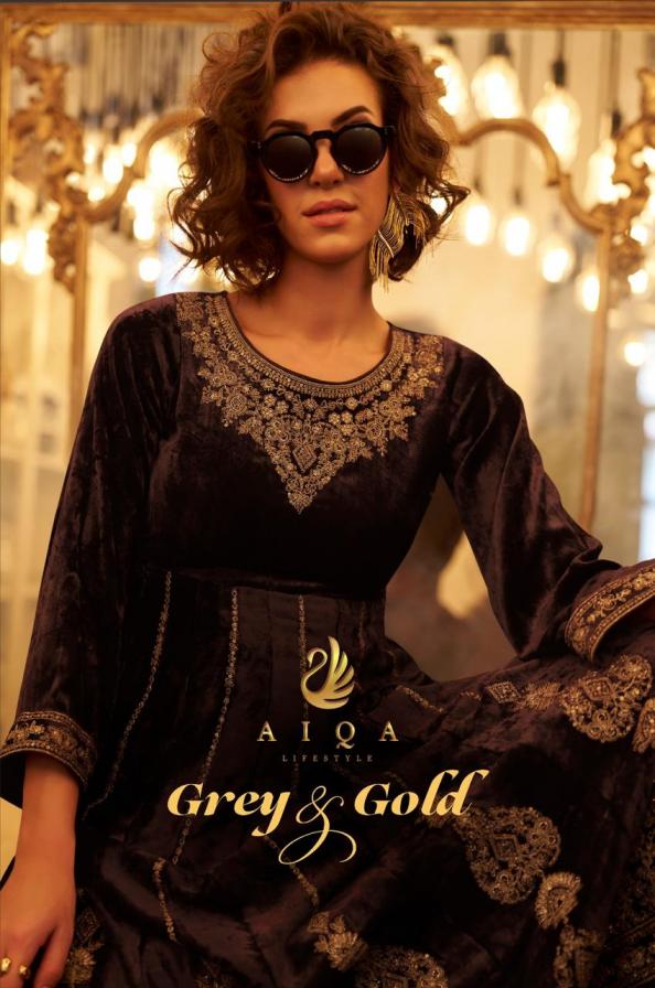 AIQA LIFESTYLE GREY & GOLD STYLISH WINTER VISCOSE VELVET SUITS 