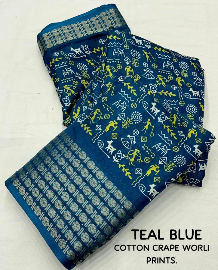 JACKPOT COTTON CRAPE WORLI PRINTED FANCY SAREES 