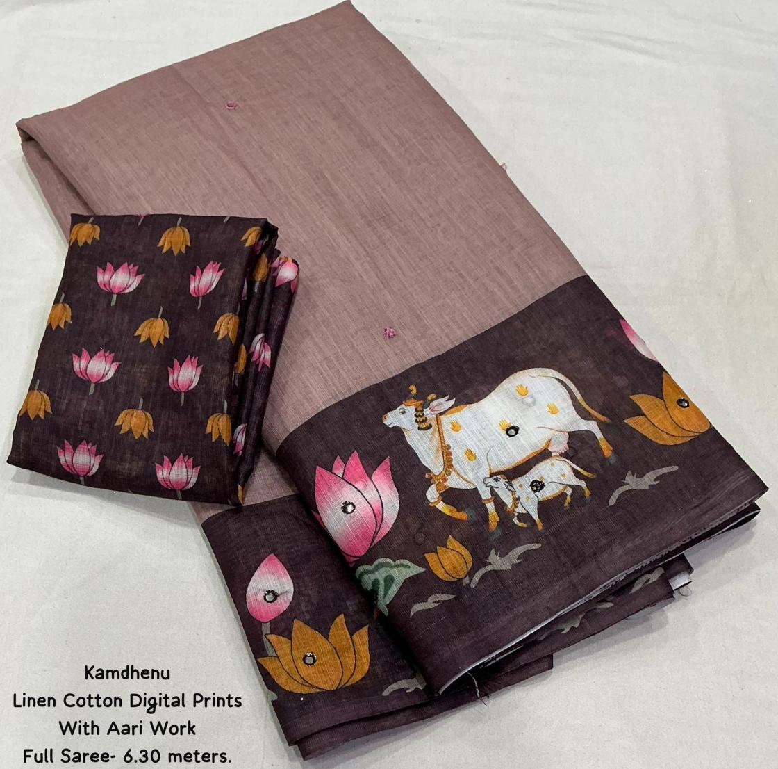 KAMDHENU UNIQUE LINEN COTTON KALAMKARI SAREE ONLINE 