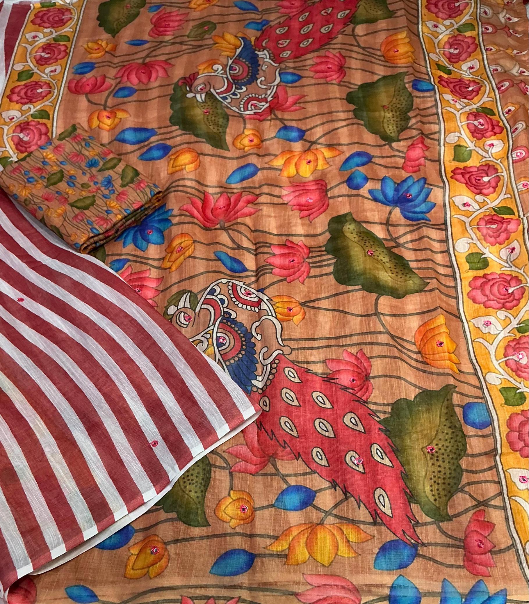 LEHERIYA UNIQUE COLOURS KALAMKARI LINEN COTTON SAREES 