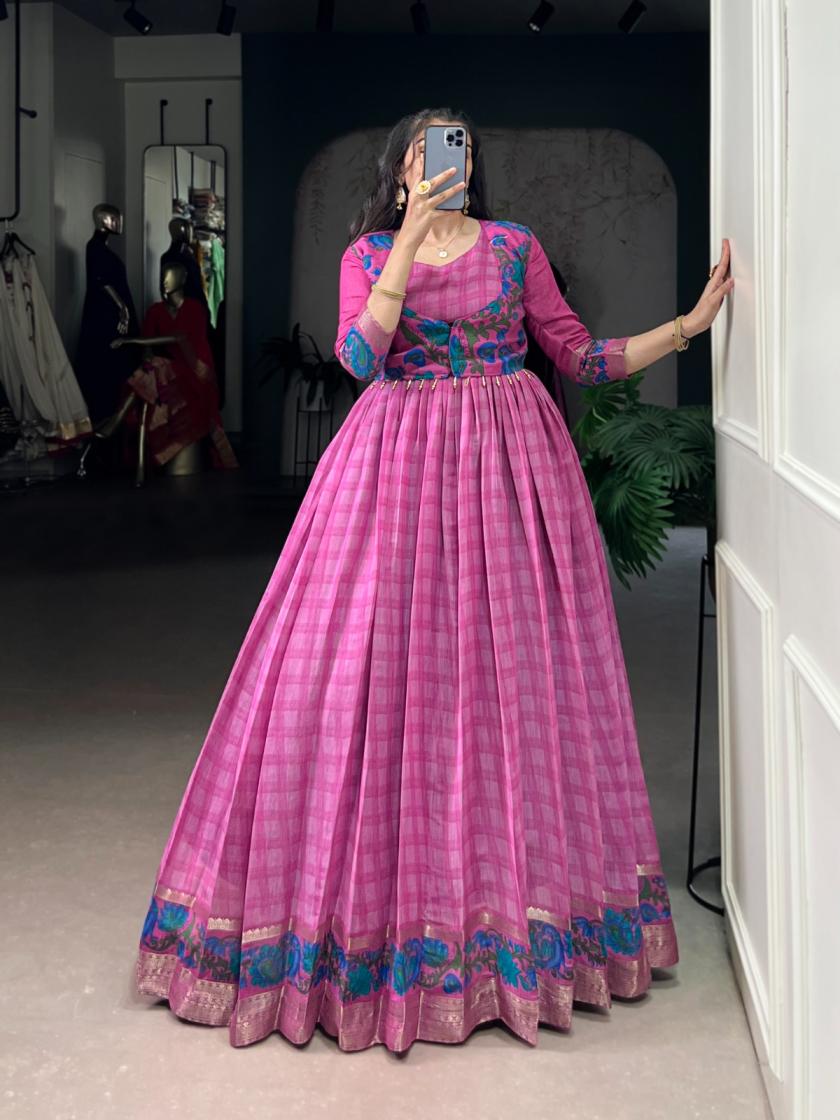 YNF5034 READYMADE POLYESTER VISCOSE CHANDERI GOWN WITH KOTI 