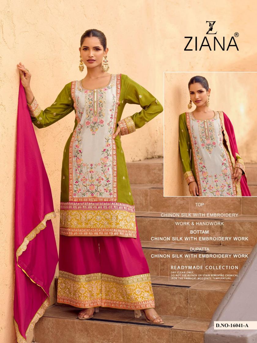 16041 BY ZIANA READYMADE CHINON SILK COMBO PLAZZO KURTI DUPATTA 