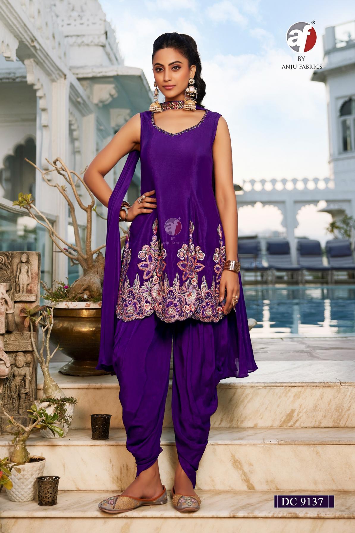 DC 9137 BY ANJU FAB STYLISH LOOK FULL STITCH CHINON CHIFFON 3PCS COMBO SUITS 