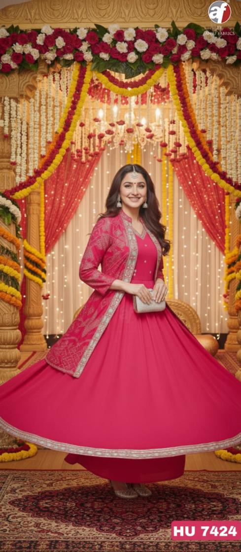 HU 7422-7424 BY ANJU FAB CHINON CHIFFON READYMADE COMBO JACKET WITH FLAIR GOWNS