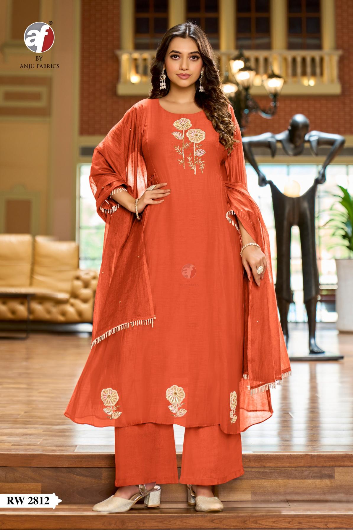RW 2812 BY ANJU FAB MUL CHANDERI FULL STITCH UNIQUE COMBO DRESS