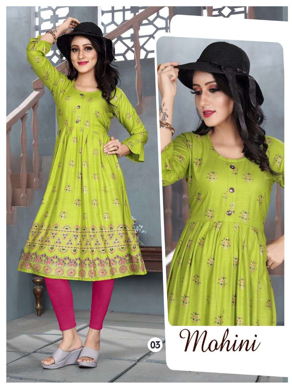 AAGYA MOHINI V.6 Rayon 14 Kg Goil Foil and Screen Block Work Tux Pattern Kurti CATALOG WHOLESALER BEST RATE