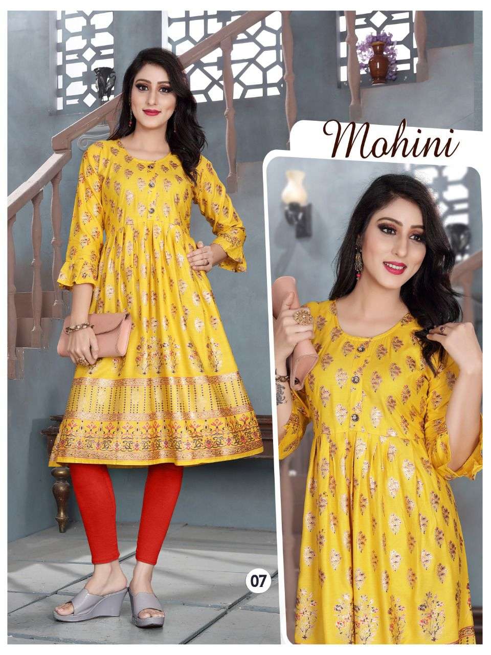 AAGYA MOHINI V.6 Rayon 14 Kg Goil Foil and Screen Block Work Tux Pattern Kurti CATALOG WHOLESALER BEST RATE