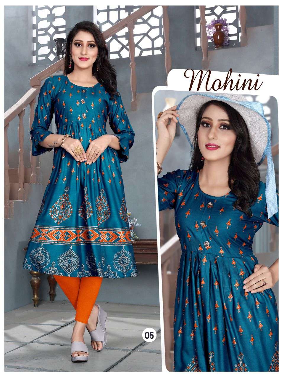 AAGYA MOHINI V.6 Rayon 14 Kg Goil Foil and Screen Block Work Tux Pattern Kurti CATALOG WHOLESALER BEST RATE