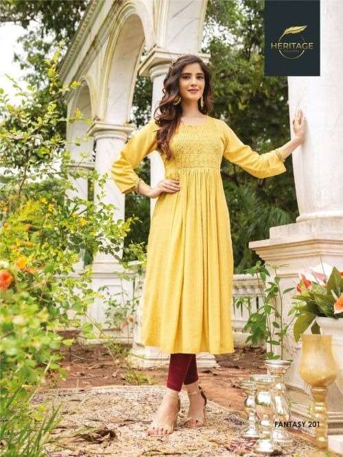 HERITAGE FANTASY VOL-2 RAYON HEAVY SOFT VISCOSE LIQUID KURTI CATALOG WHOLESALER BEST RATE