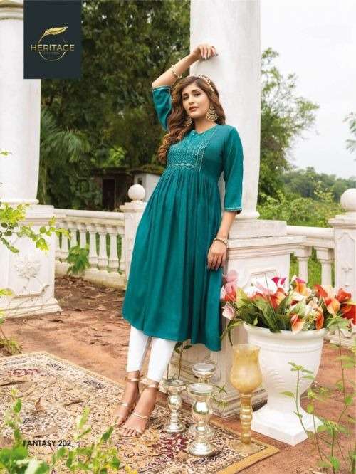 HERITAGE FANTASY VOL-2 RAYON HEAVY SOFT VISCOSE LIQUID KURTI CATALOG WHOLESALER BEST RATE