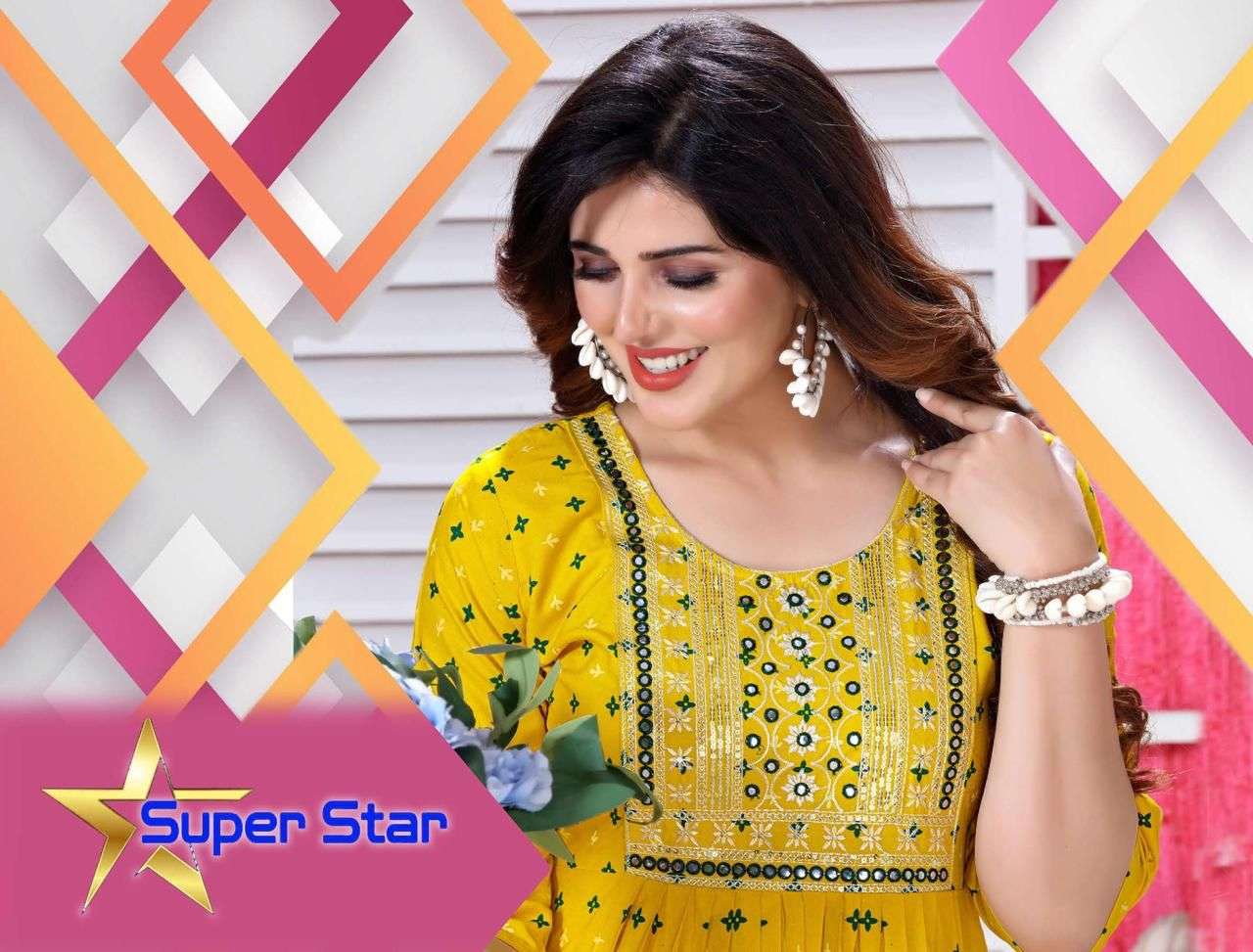 JLF SUPEER STAR VOL.1 RAYON Mirror&Sequence Embroidered WORK PRINTED KURTI CATALOG WHOLESALER BEST RATE