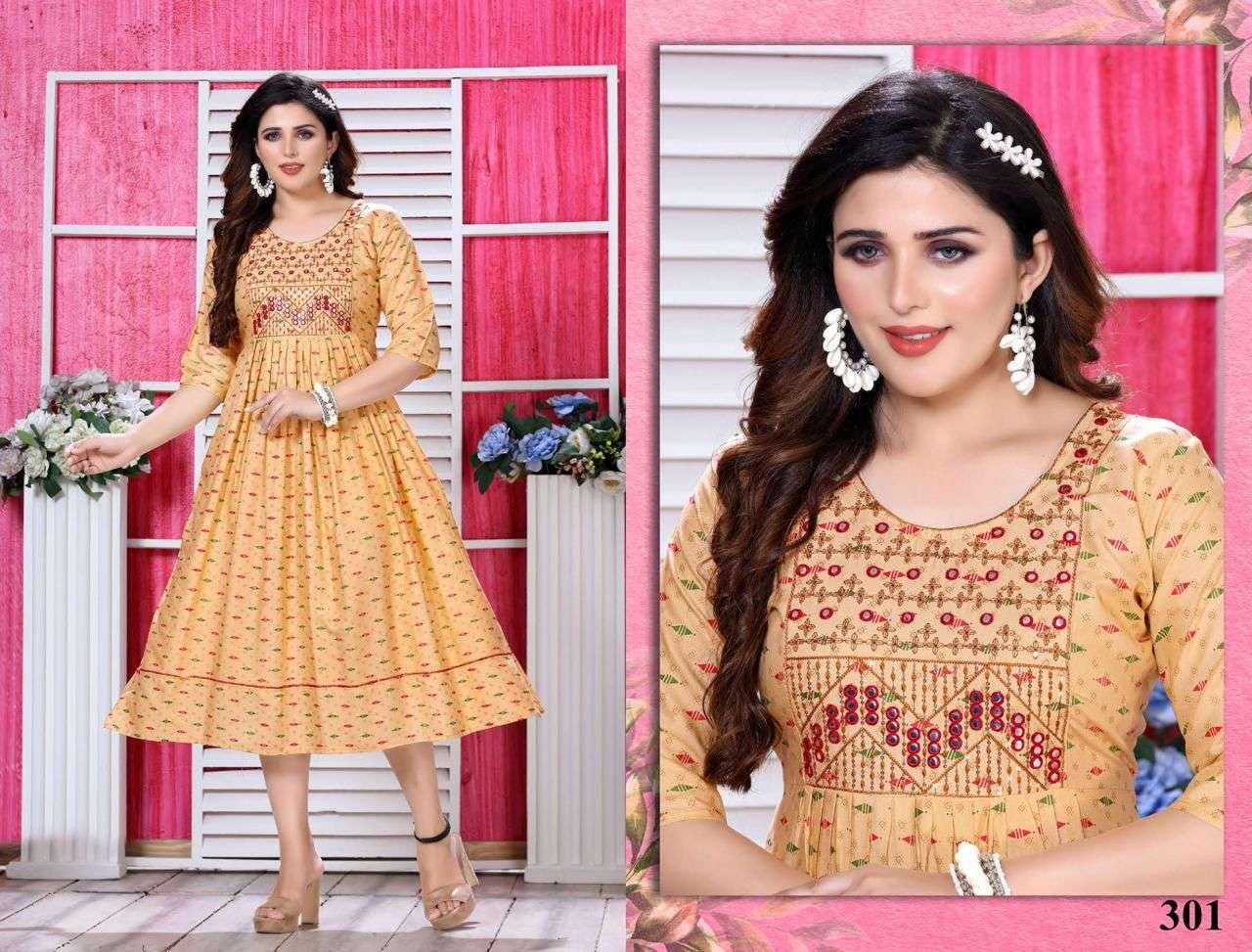 JLF SUPEER STAR VOL.1 RAYON Mirror&Sequence Embroidered WORK PRINTED KURTI CATALOG WHOLESALER BEST RATE