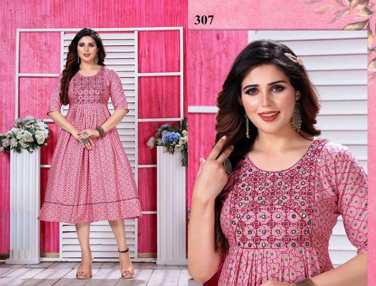 JLF SUPEER STAR VOL.1 RAYON Mirror&Sequence Embroidered WORK PRINTED KURTI CATALOG WHOLESALER BEST RATE