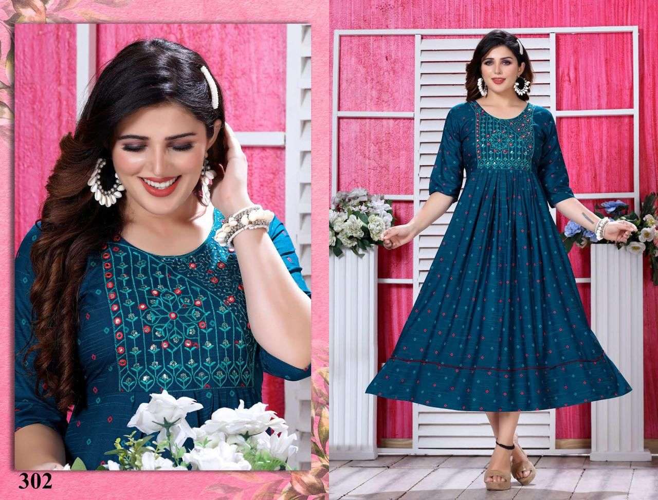 JLF SUPEER STAR VOL.1 RAYON Mirror&Sequence Embroidered WORK PRINTED KURTI CATALOG WHOLESALER BEST RATE