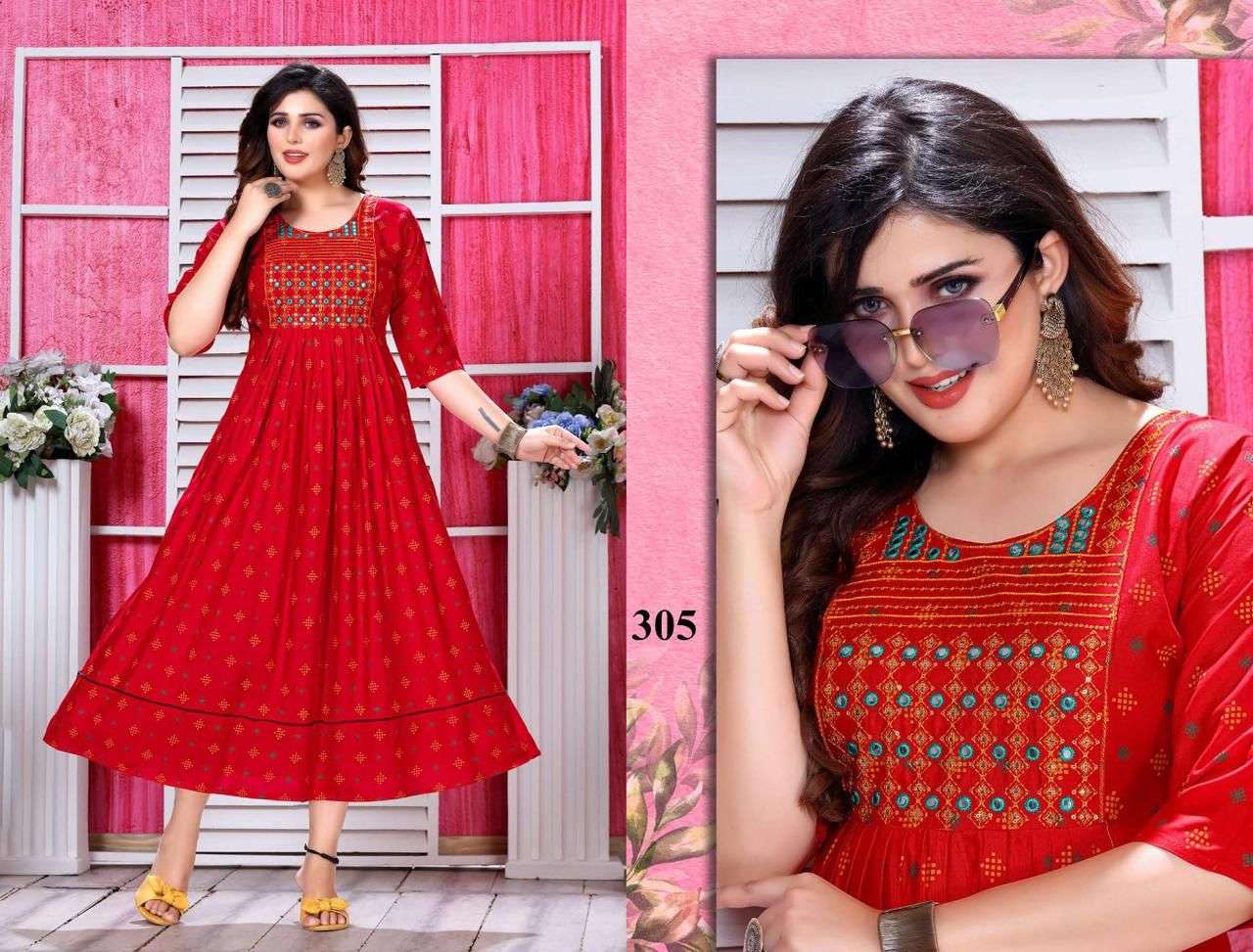 JLF SUPEER STAR VOL.1 RAYON Mirror&Sequence Embroidered WORK PRINTED KURTI CATALOG WHOLESALER BEST RATE