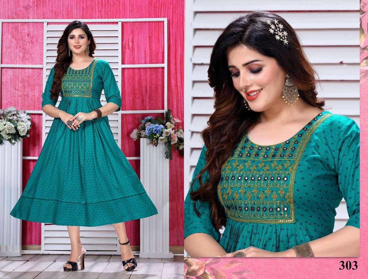JLF SUPEER STAR VOL.1 RAYON Mirror&Sequence Embroidered WORK PRINTED KURTI CATALOG WHOLESALER BEST RATE