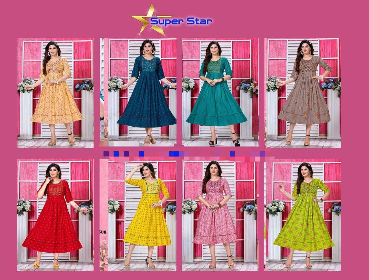 JLF SUPEER STAR VOL.1 RAYON Mirror&Sequence Embroidered WORK PRINTED KURTI CATALOG WHOLESALER BEST RATE