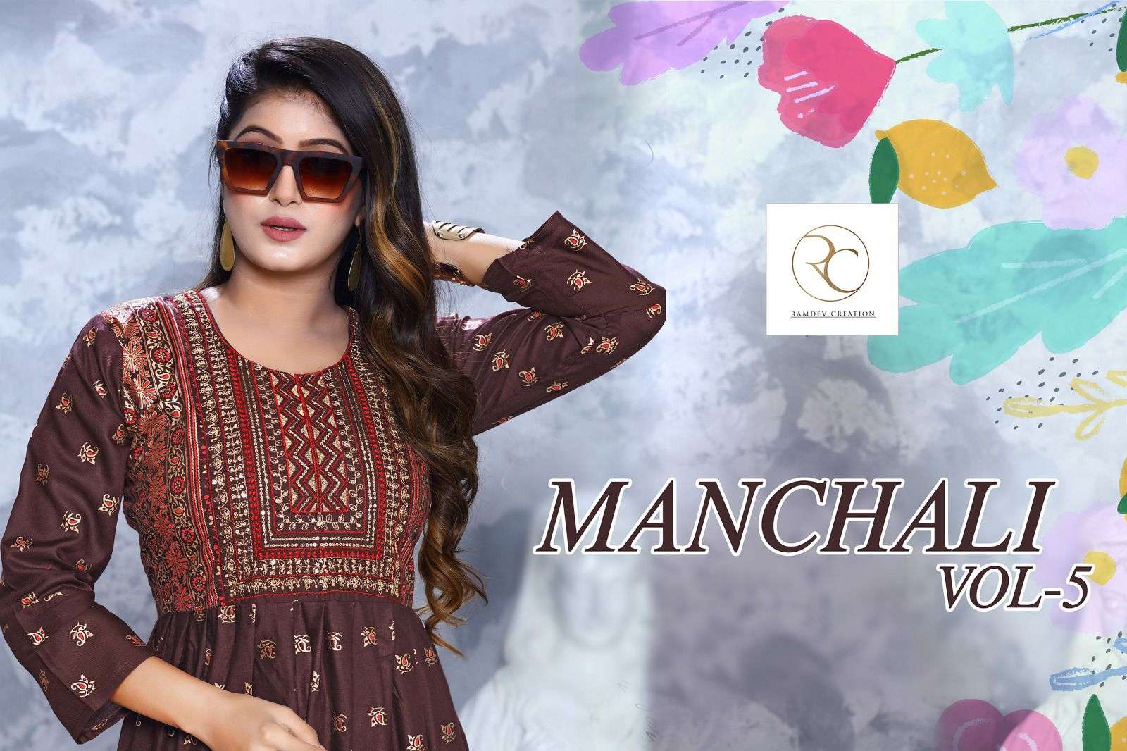 RC MANCHALI VOL 5 Rayon 14 kg with heavy screen print heavy embroidery work full Lenth 50 n Ghera sillia pattern   KURTI CATALOG WHOLESALER BEST RATE