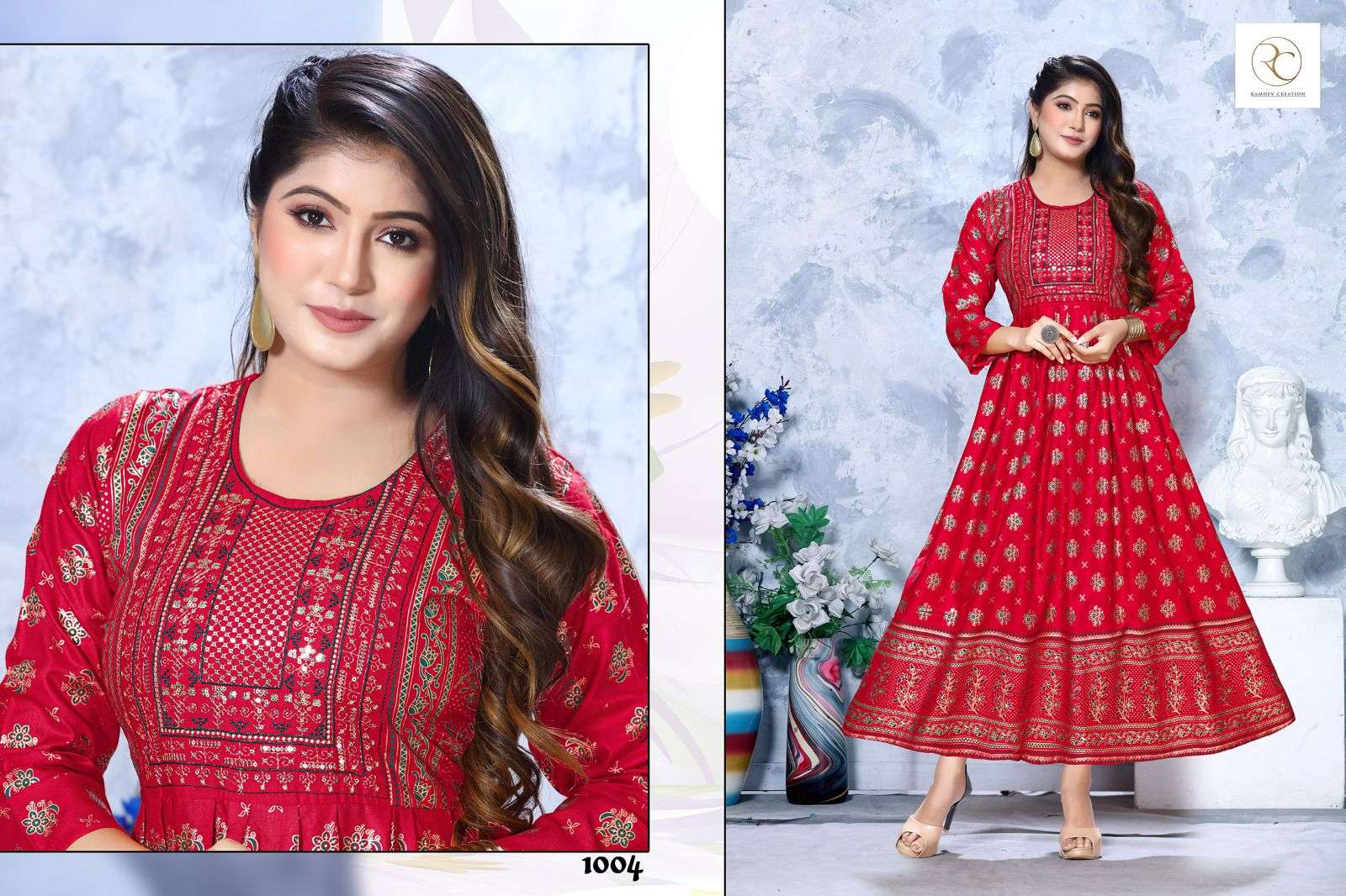 RC MANCHALI VOL 5 Rayon 14 kg with heavy screen print heavy embroidery work full Lenth 50 n Ghera sillia pattern   KURTI CATALOG WHOLESALER BEST RATE