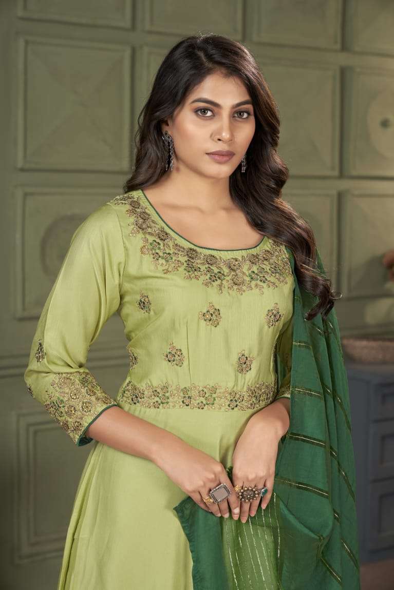 vardhan designer fancy pista color long gown with adorable dupatta