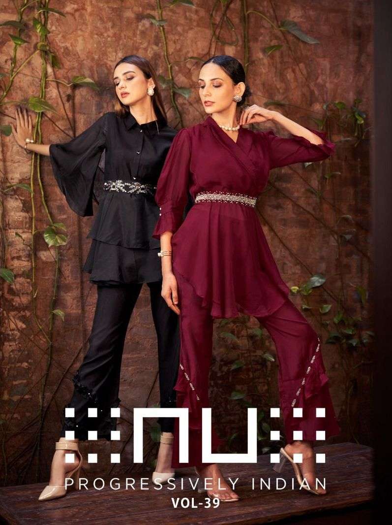 nu vol 39 cord set party wear fine handwork fancy tunic and frill pant 