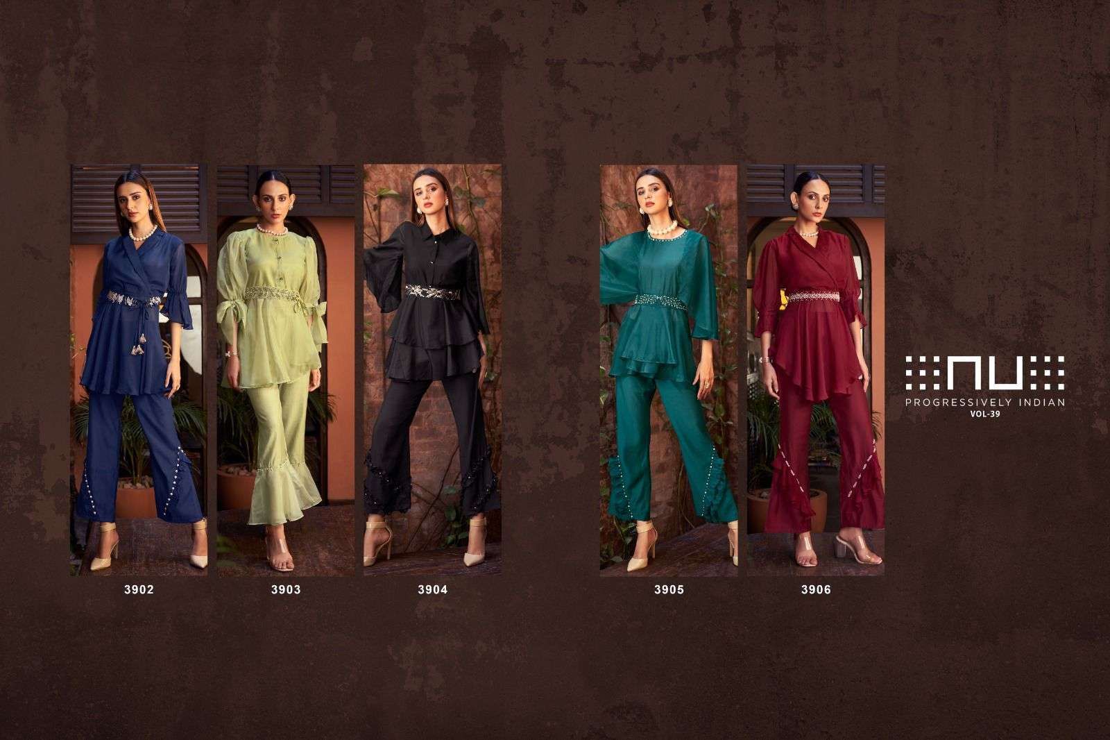 nu vol 39 cord set party wear fine handwork fancy tunic and frill pant 