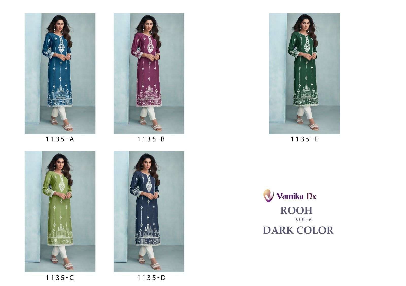 rooh vol 6 dark color by vamika nx fancy lakhnavi stitch kurti with pant collection 