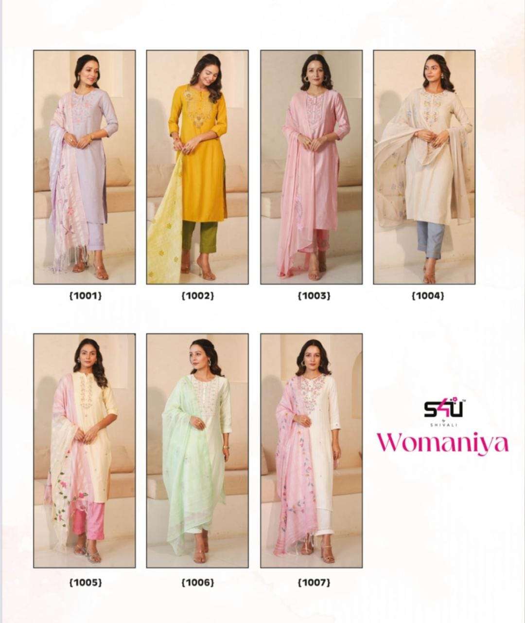 s4u shivali present womaniya festive season handwork detailing kurti with pant and dupatta catalog 