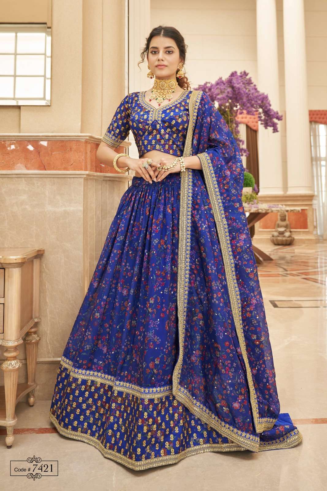 zeel 7421 beautiful floral printed with work single blue color lehenga choli 
