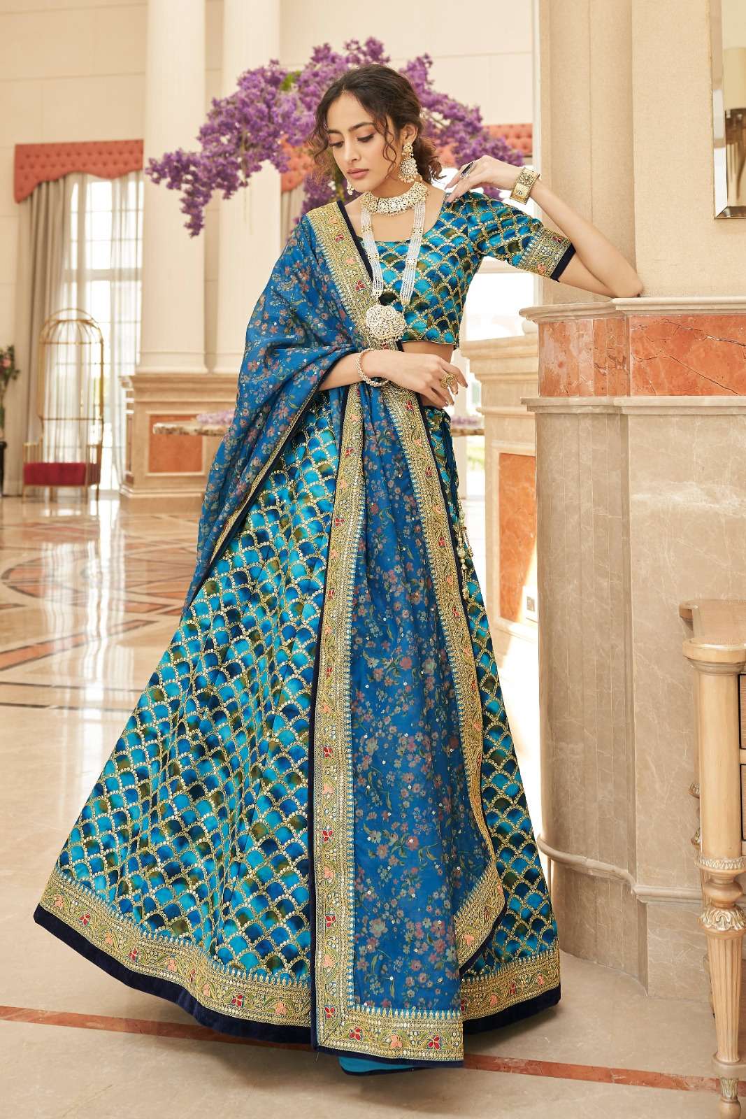 zeel 7426 designer work single blue color lehenga choli with floral print dupatta
