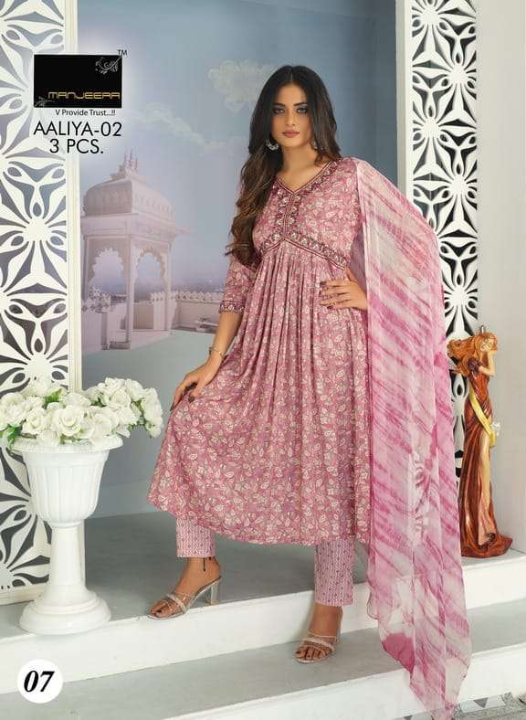 aaliya vol 2 by manjeera fancy work alia cut kurti with pant and shibori dupatta catalog 