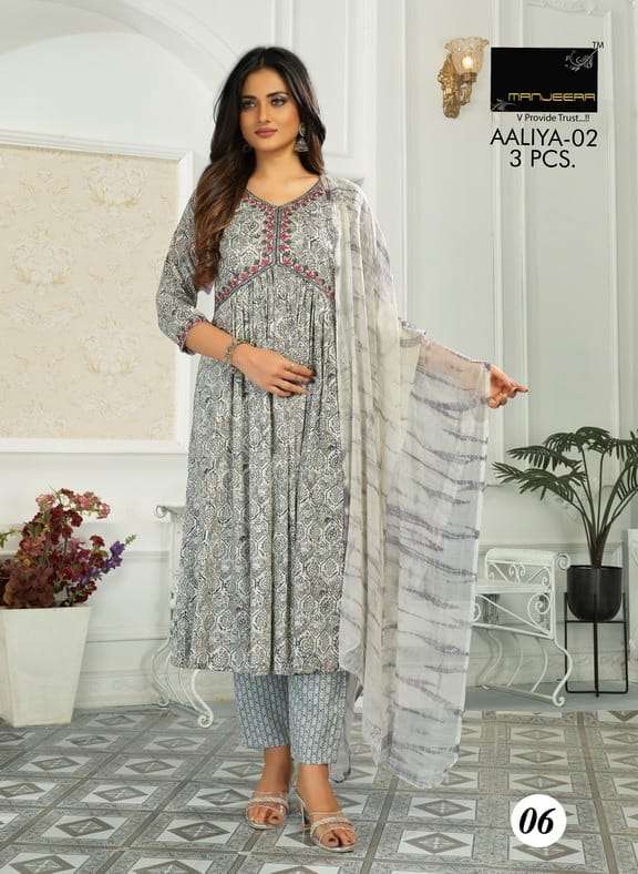 aaliya vol 2 by manjeera fancy work alia cut kurti with pant and shibori dupatta catalog 
