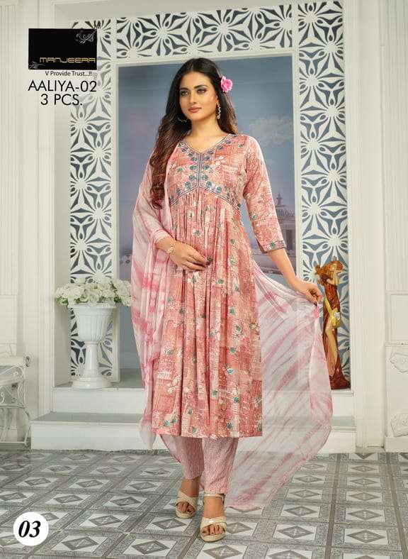 aaliya vol 2 by manjeera fancy work alia cut kurti with pant and shibori dupatta catalog 
