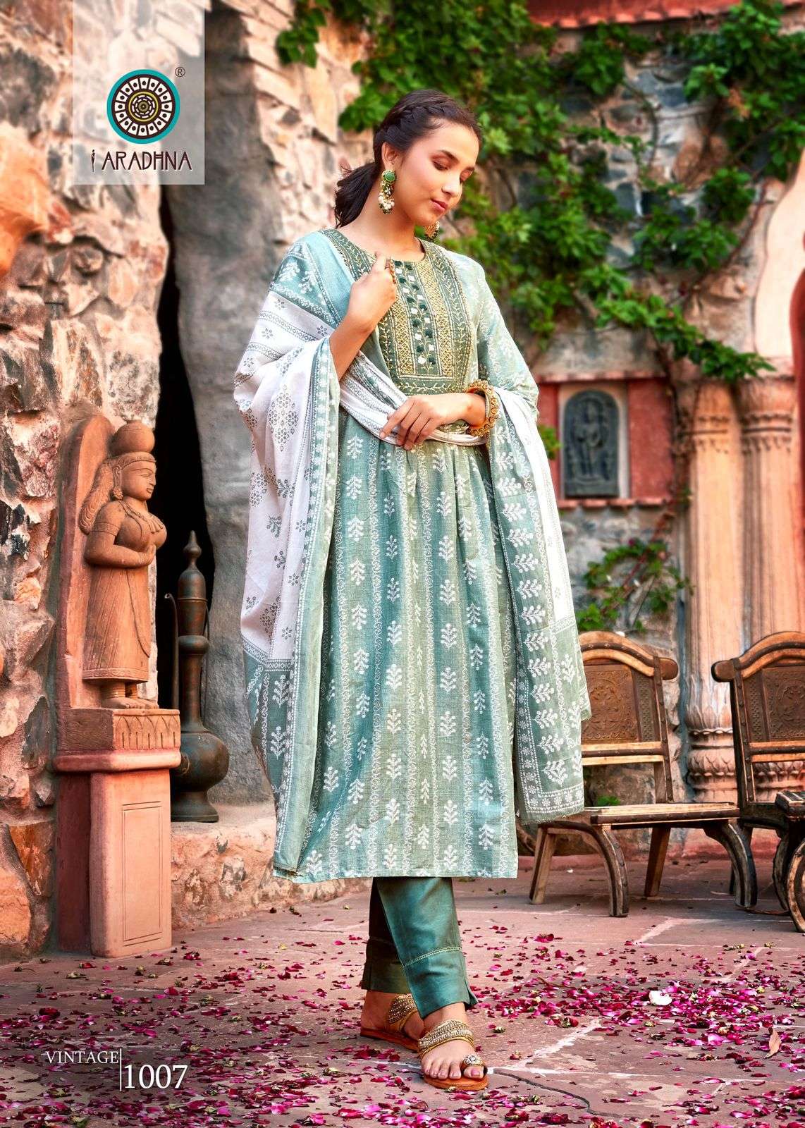 aradhana fashion vintage vol 1 fancy cotton nayra cut kurti with pant and dupatta catalog