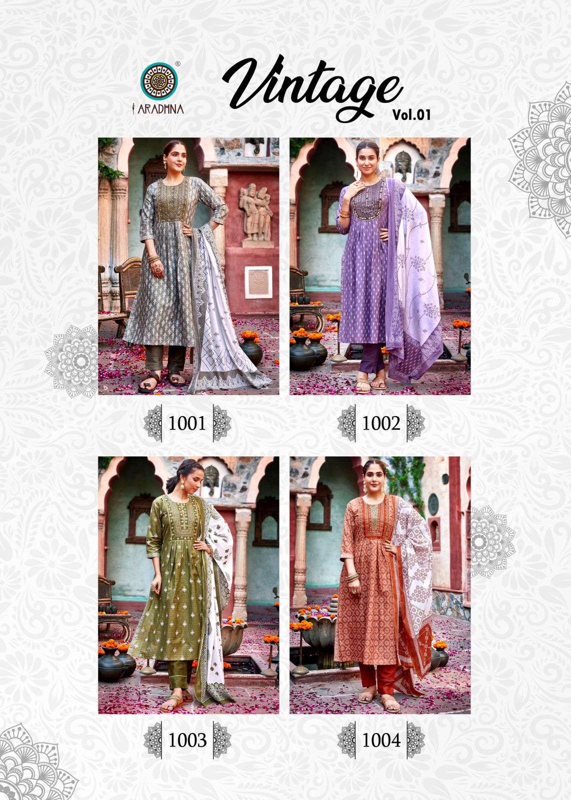 aradhana fashion vintage vol 1 fancy cotton nayra cut kurti with pant and dupatta catalog