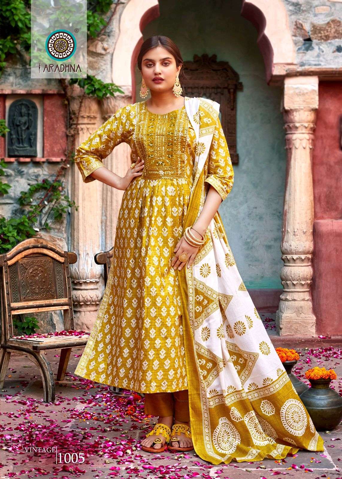 aradhana fashion vintage vol 1 fancy cotton nayra cut kurti with pant and dupatta catalog