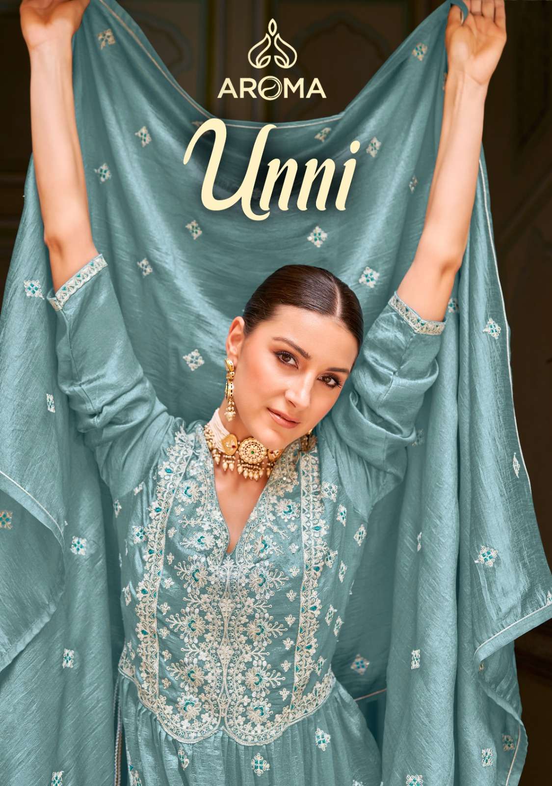 aroma present unni designer heavy work readymade nayra cut kurti with plazzo and dupatta catalog